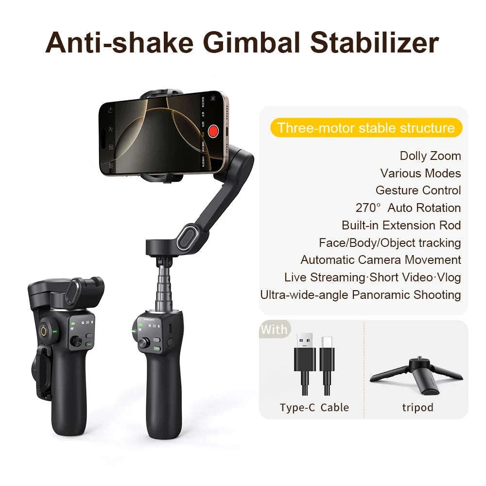 3-Axis Smartphone Gimbal Stabilizer with Face Tracking & Extension Rod-Black / spain