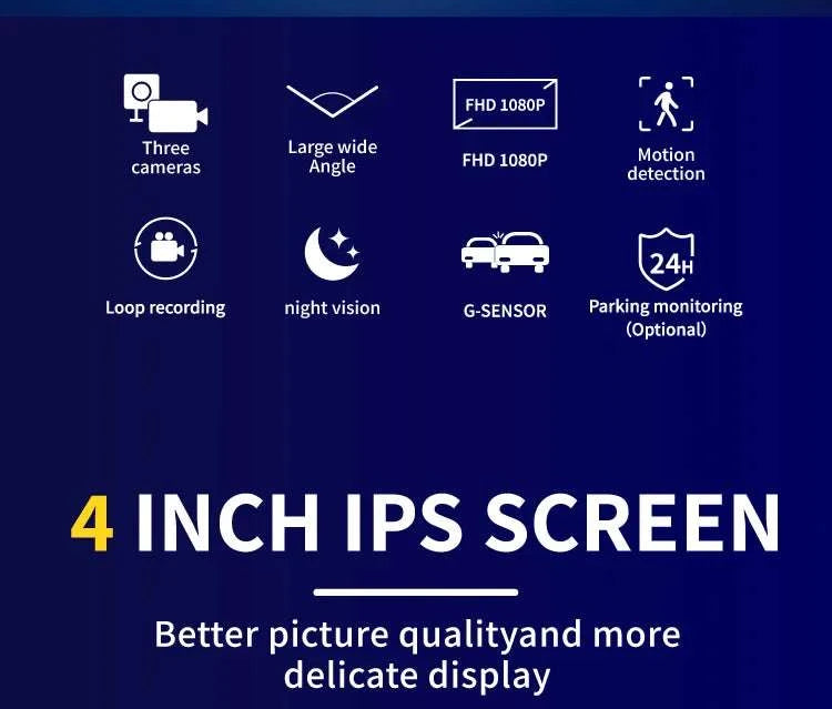 3 Camera Dash Cam 1080P Front Interior Rear with 4" Display-front inside rear / United States