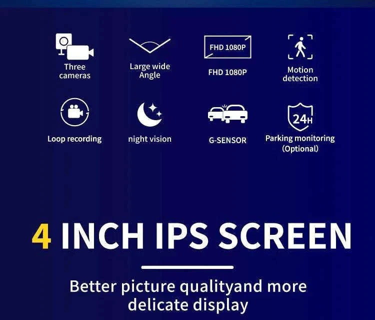 3 Camera Dash Cam 1080P Front Interior Rear with 4" Display-front inside rear / United States