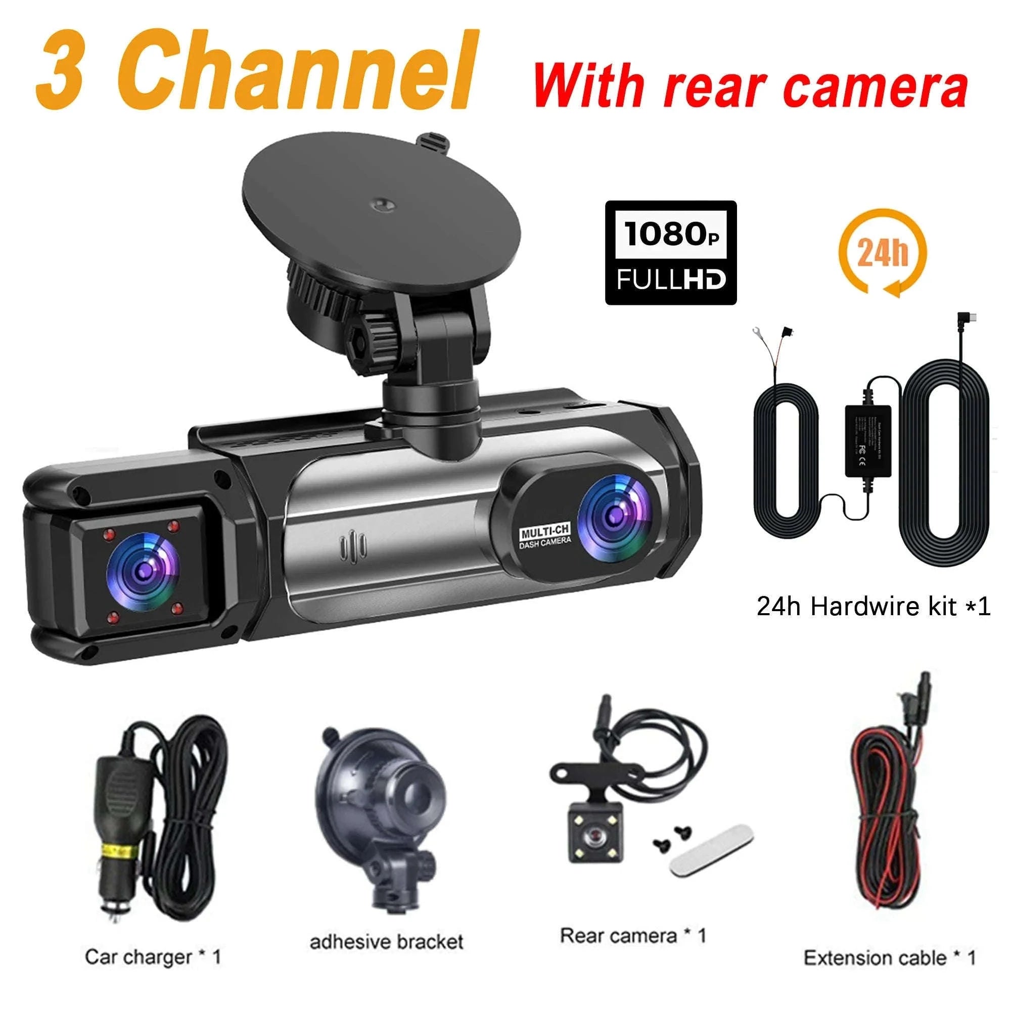 3 Camera Dash Cam 1080P Front Rear Interior Night Vision Parking Monitor-Hardwire kit / 32G SD Card