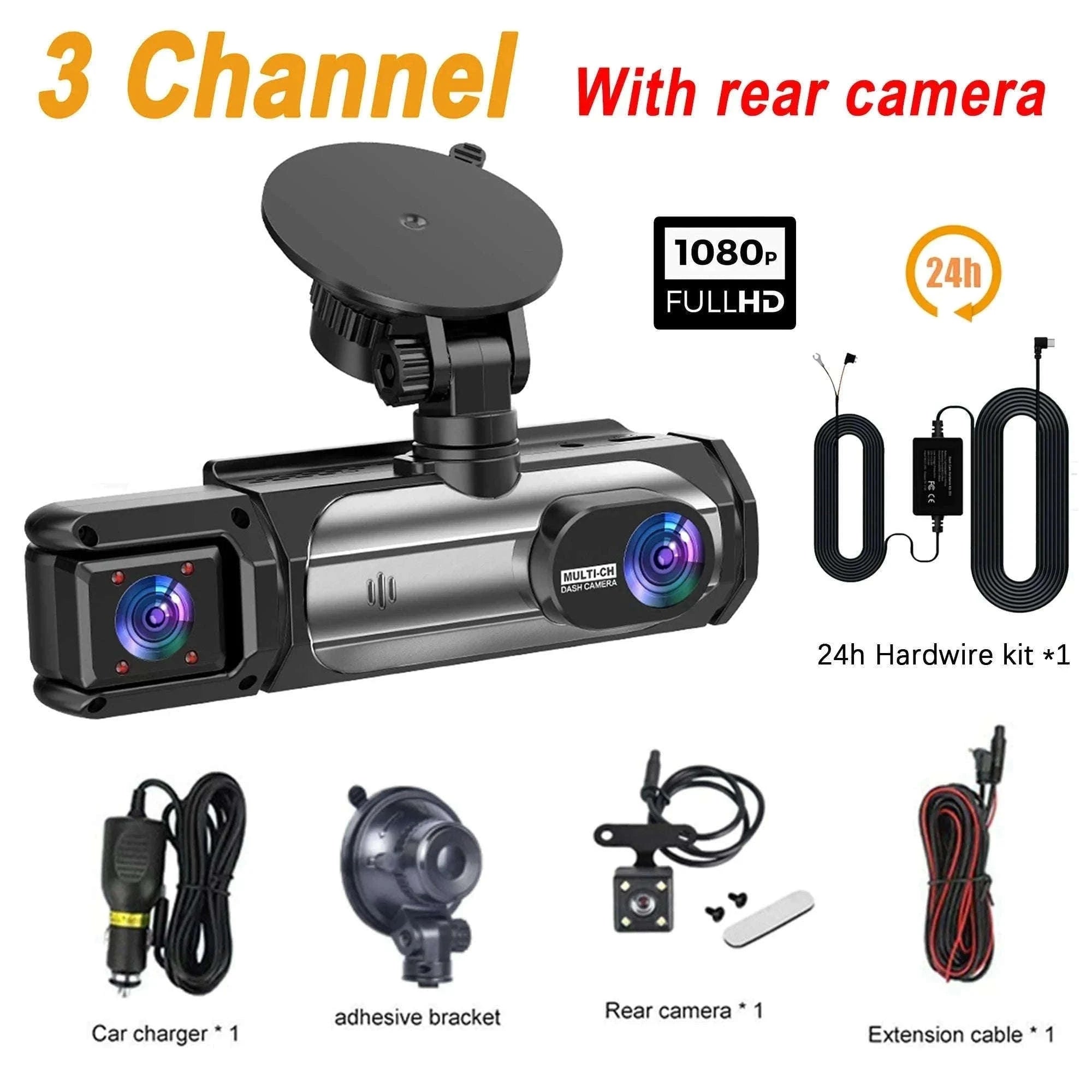 3 Camera Dash Cam 1080P Front Rear Interior Night Vision Parking Monitor-Hardwire kit / 32G SD Card