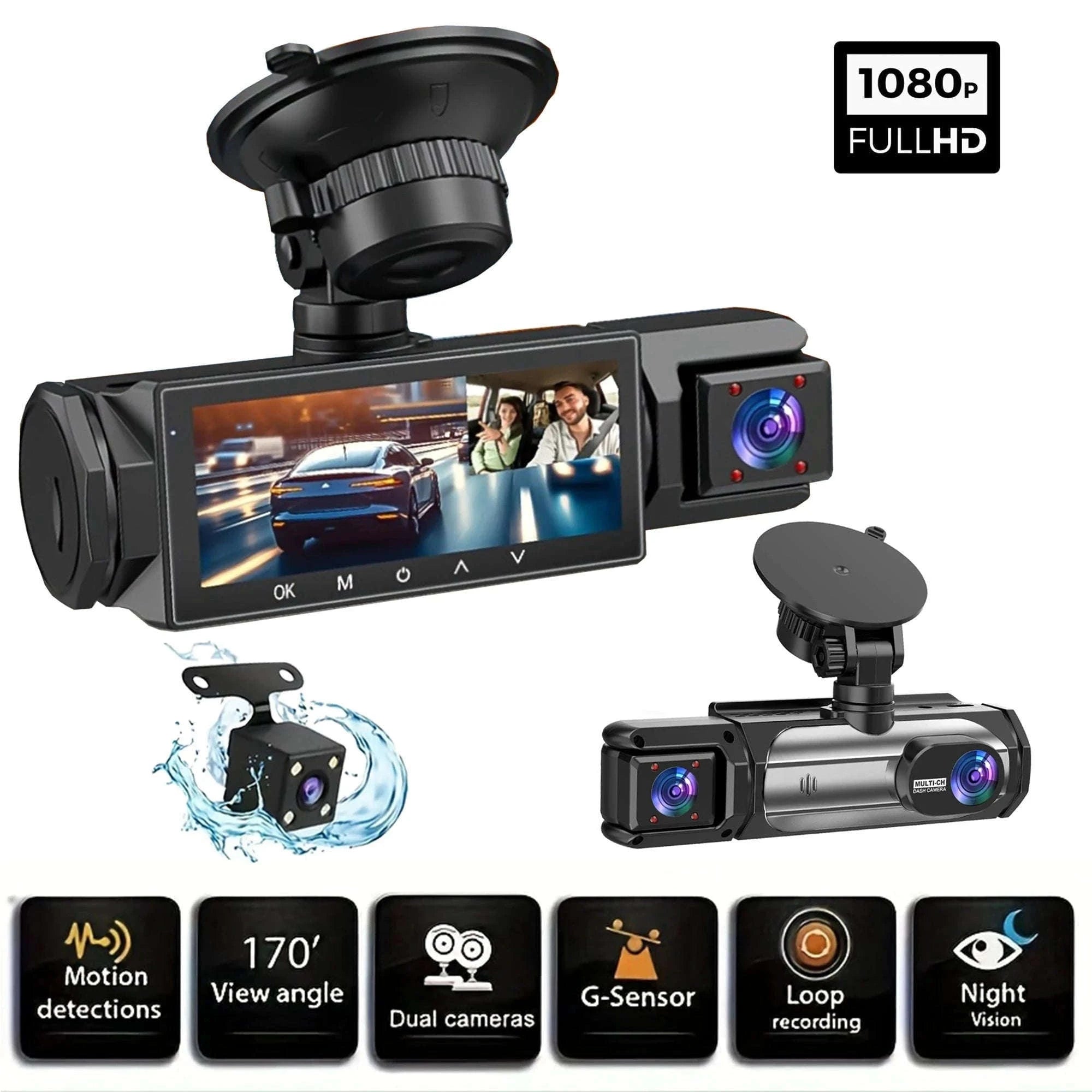 3 Camera Dash Cam 1080P Front Rear Interior Night Vision Parking Monitor-Hardwire kit / 32G SD Card