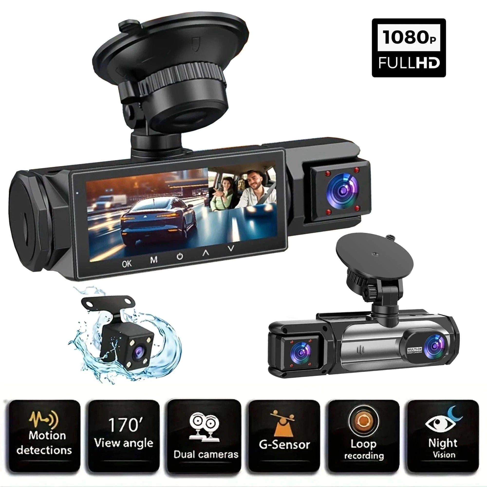 3 Camera Dash Cam 1080P Front Rear Interior Night Vision Parking Monitor-Hardwire kit / 32G SD Card