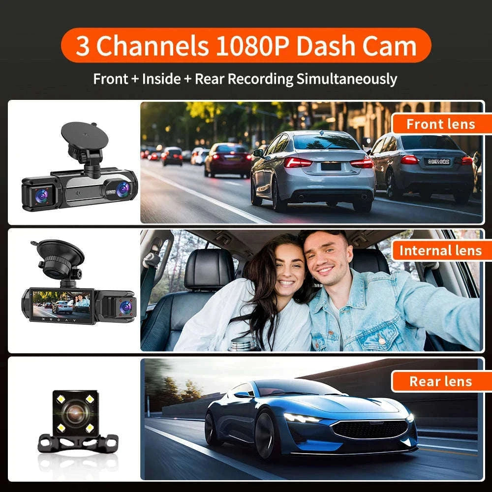 3 Camera Dash Cam 1080P Front Rear Interior Night Vision Parking Monitor-Hardwire kit / 32G SD Card
