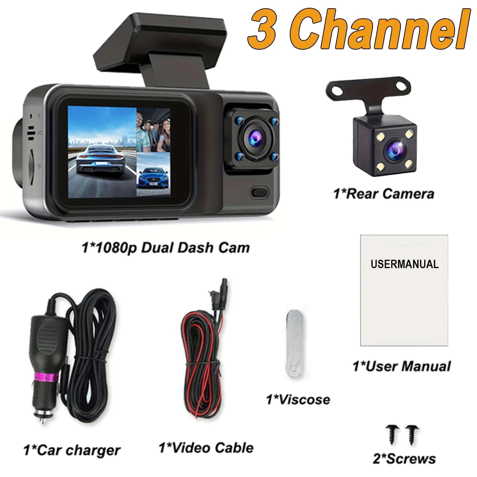 3 Channel Dash Cam for Cars with Front, Cabin & Rear View-3 Channel / With 32G TF Card