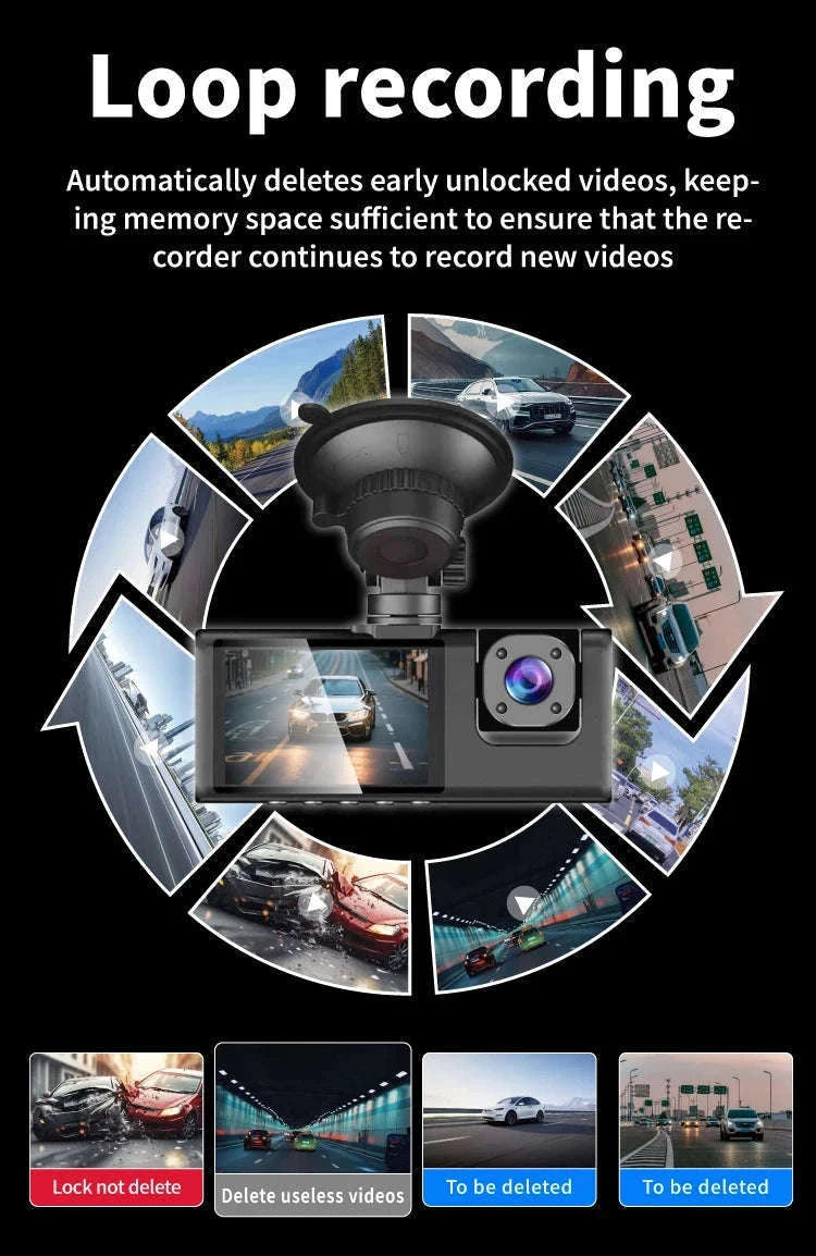 3-Channel Dash Camera with 1080P Front, Inside, Rear View-front inside rear / United States / None