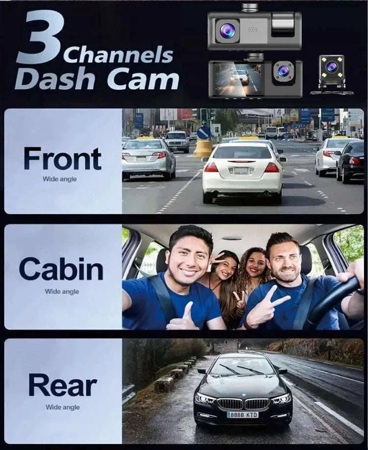 3-Channel Dash Camera with 1080P Front, Inside, Rear View-front inside rear / United States / None