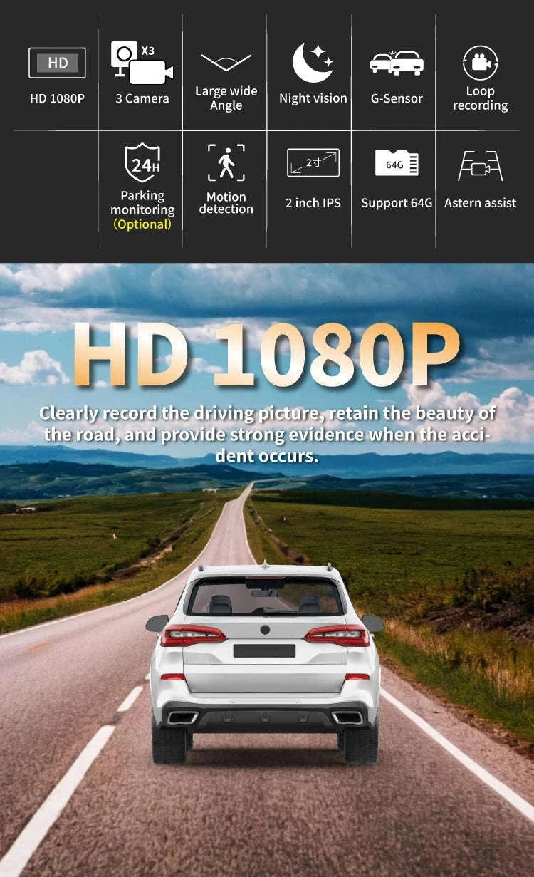 3-Channel Dash Camera with 1080P Front, Inside, Rear View-front inside rear / United States / None