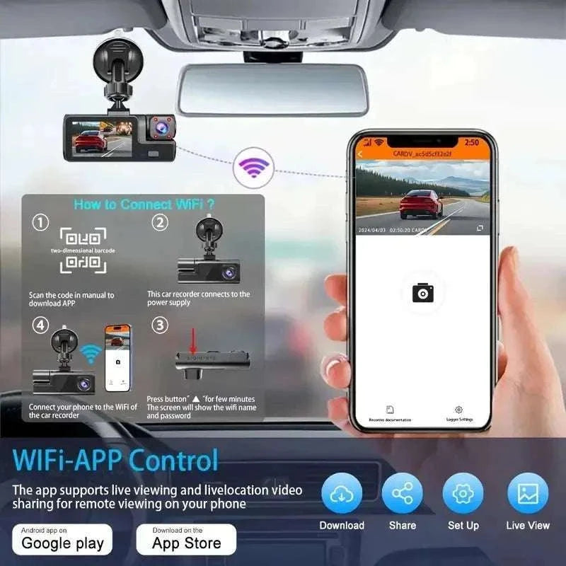 3 Channel WiFi Dash Cam Front Inside Rear 1080P Night Vision DVR-X3