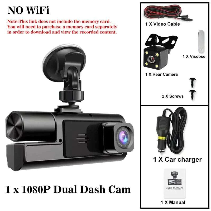 3 Channel WiFi Dash Cam Front Inside Rear 1080P Night Vision DVR-X3