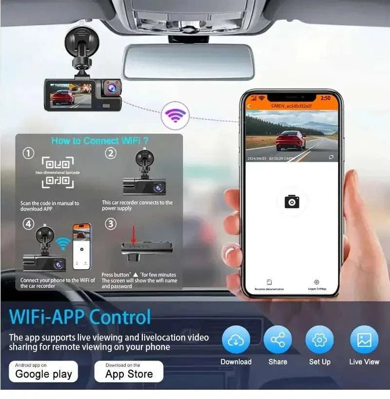 3 Channel WiFi Dash Cam Front Inside Rear 1080P Night Vision DVR-X3