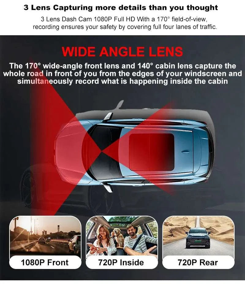 3 Channel WiFi Dash Cam Front Inside Rear 1080P Night Vision DVR-X3