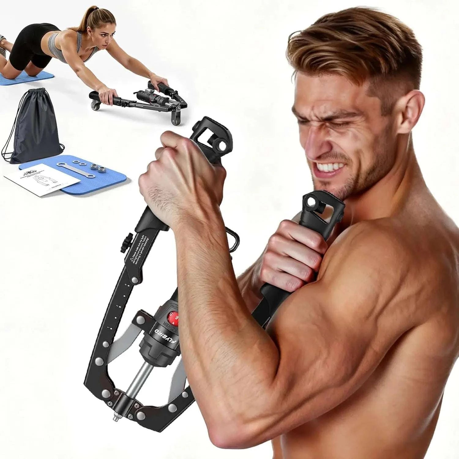 3-in-1 Adjustable Arm Trainer with Ab Roller & Hydraulic Resistance-Black / United States