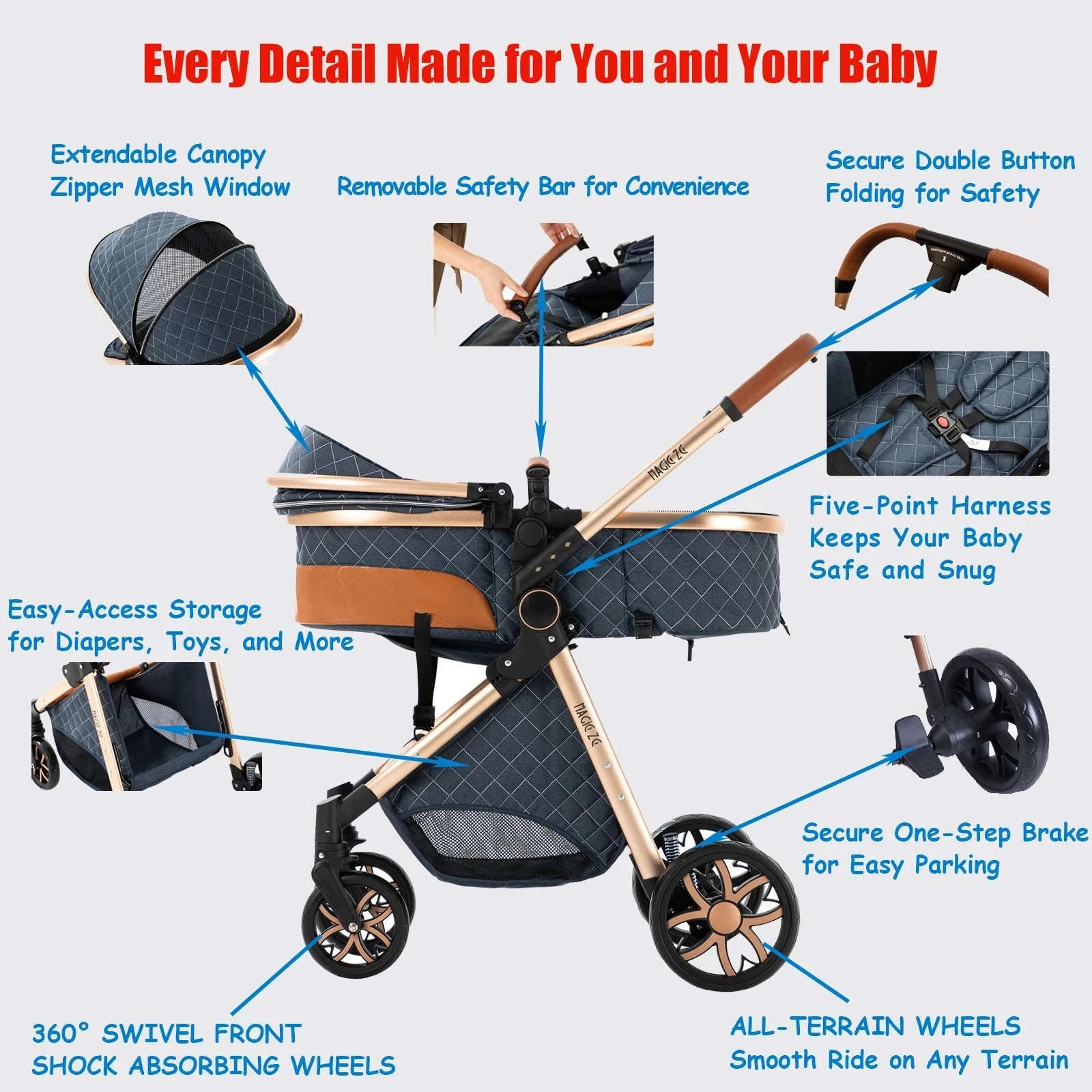 3‑in‑1 Baby Stroller Travel System Pushchair-V9-CHOCOLATE