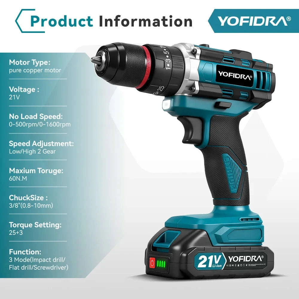 3-in-1 Cordless Impact Drill 21V 25+3 Torque 3/8 in Chuck-1 Battery / Germany