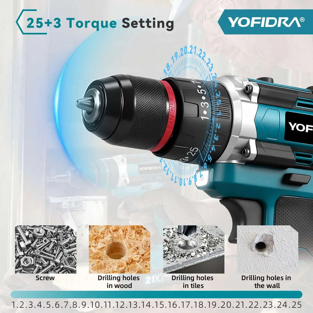 3-in-1 Cordless Impact Drill 21V 25+3 Torque 3/8 in Chuck-1 Battery / Germany