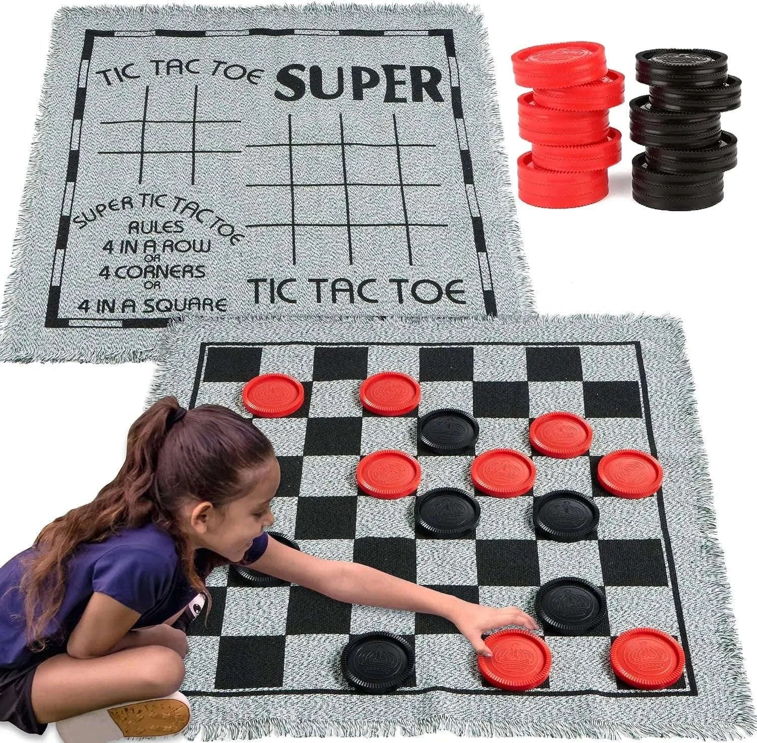 3-in-1 Giant Checkers and Tic Tac Toe Game with Reversible Mat and 24 Chips-United States