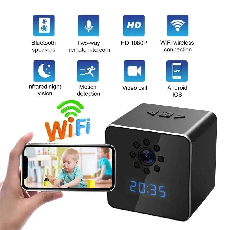 3 in 1 HD 1080P Wifi IP Clock Camera Desk Bluetooth Speakers Time Display Video Recorders Home Office Video Surveillance Camera-camera with 128GB