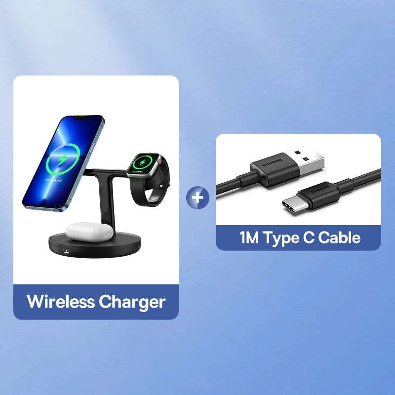 3-in-1 Magnetic Wireless Charger Stand for iPhone, AirPods, Watch-Add 24W EU Plug