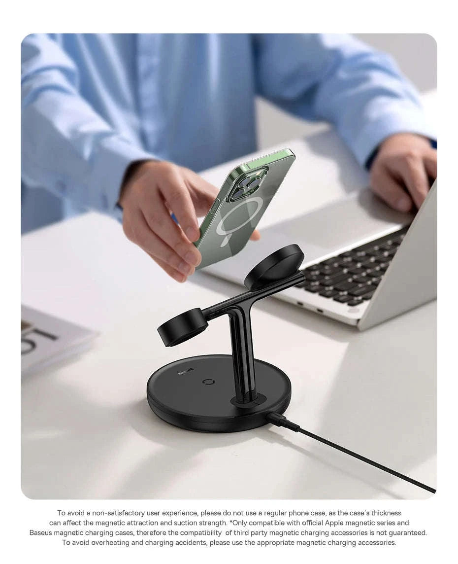 3-in-1 Magnetic Wireless Charger Stand for iPhone, AirPods, Watch-Add 24W EU Plug