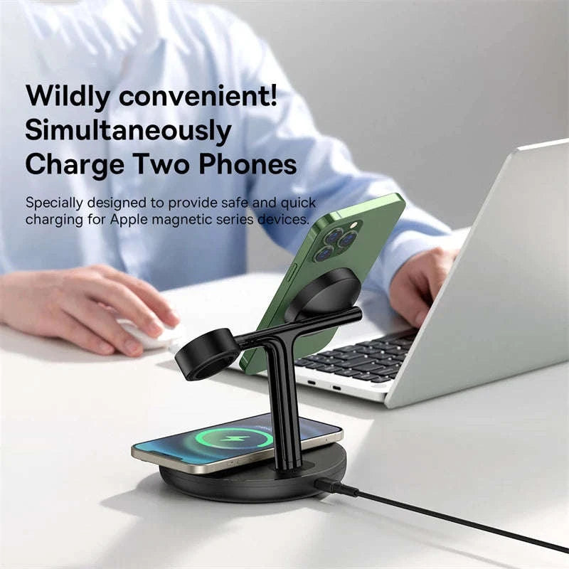 3-in-1 Magnetic Wireless Charger Stand for iPhone, AirPods, Watch-Add 24W EU Plug