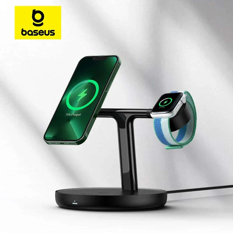 3-in-1 Magnetic Wireless Charger Stand for iPhone, AirPods, Watch-Add 24W EU Plug