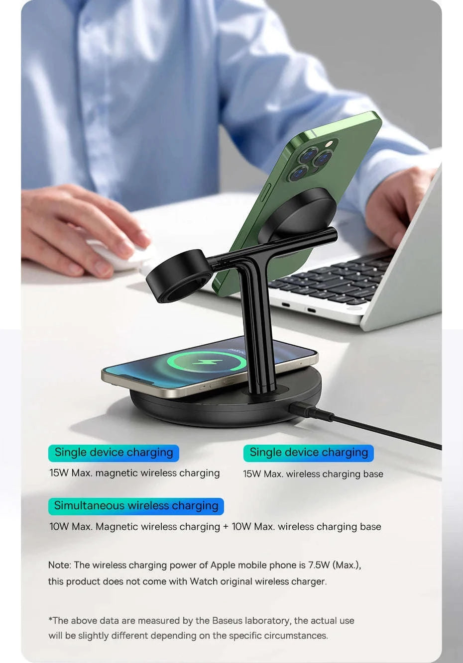 3-in-1 Magnetic Wireless Charger Stand for iPhone, AirPods, Watch-Add 24W EU Plug