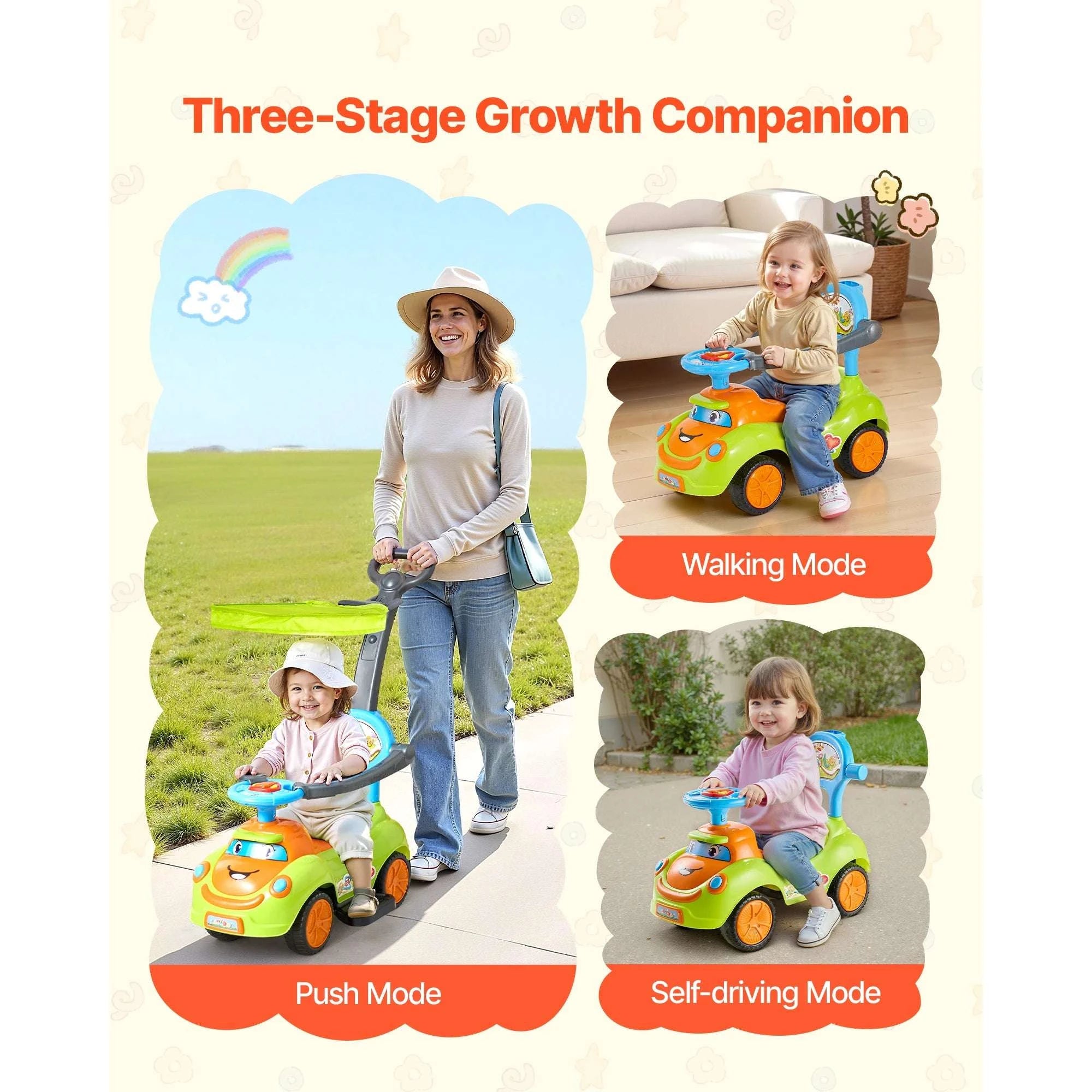 3-in-1 Ride-On Push Car with Handle, Guardrails & Storage-Green / United States
