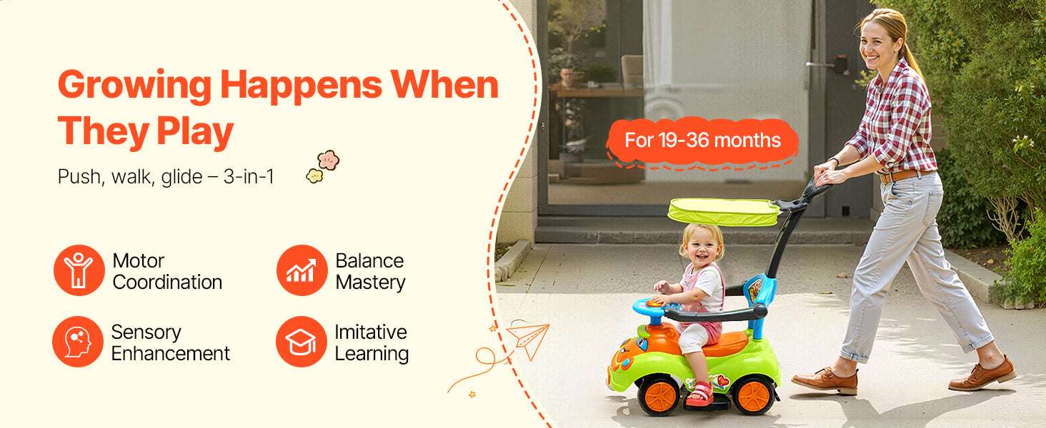 3-in-1 Ride-On Push Car with Handle, Guardrails & Storage-Green / United States