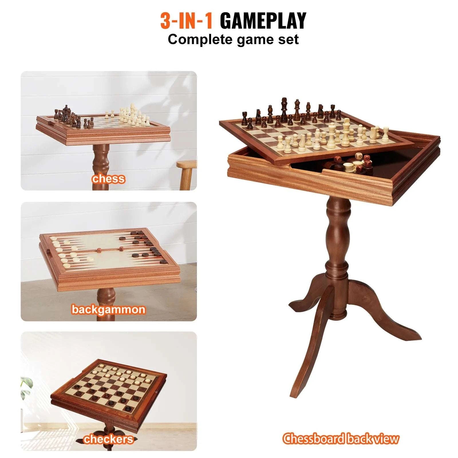 3-in-1 Wooden Chess Table Set 18" Chess, Checkers & Backgammon-18 Inch / United States