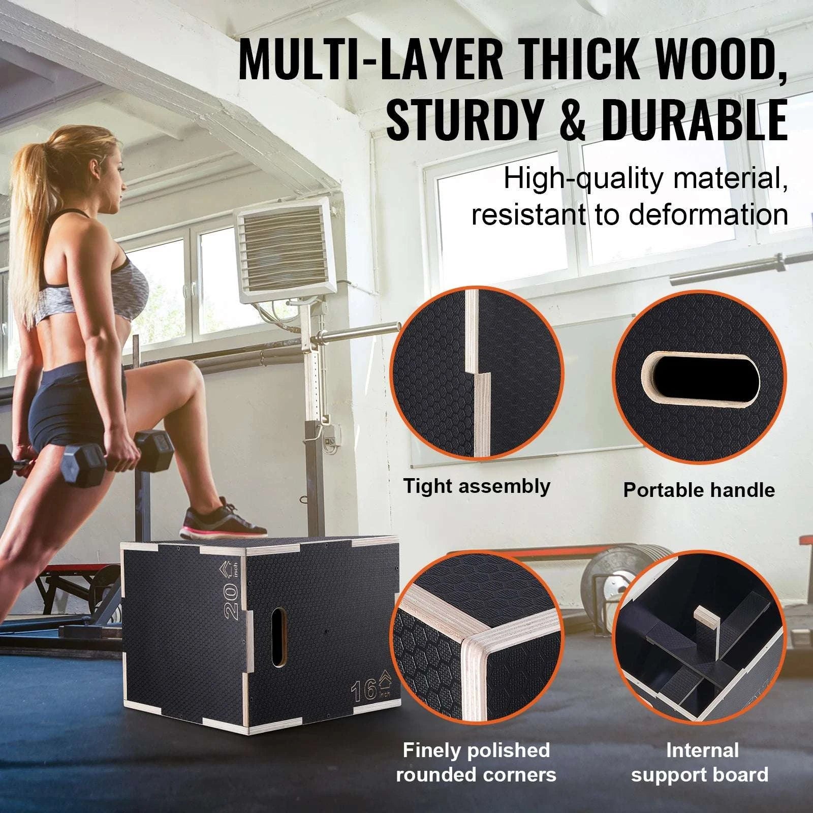 3-in-1 Wooden Plyometric Jump Box 20/18/16 Inch Anti-Slip-20x18x16inch / United States