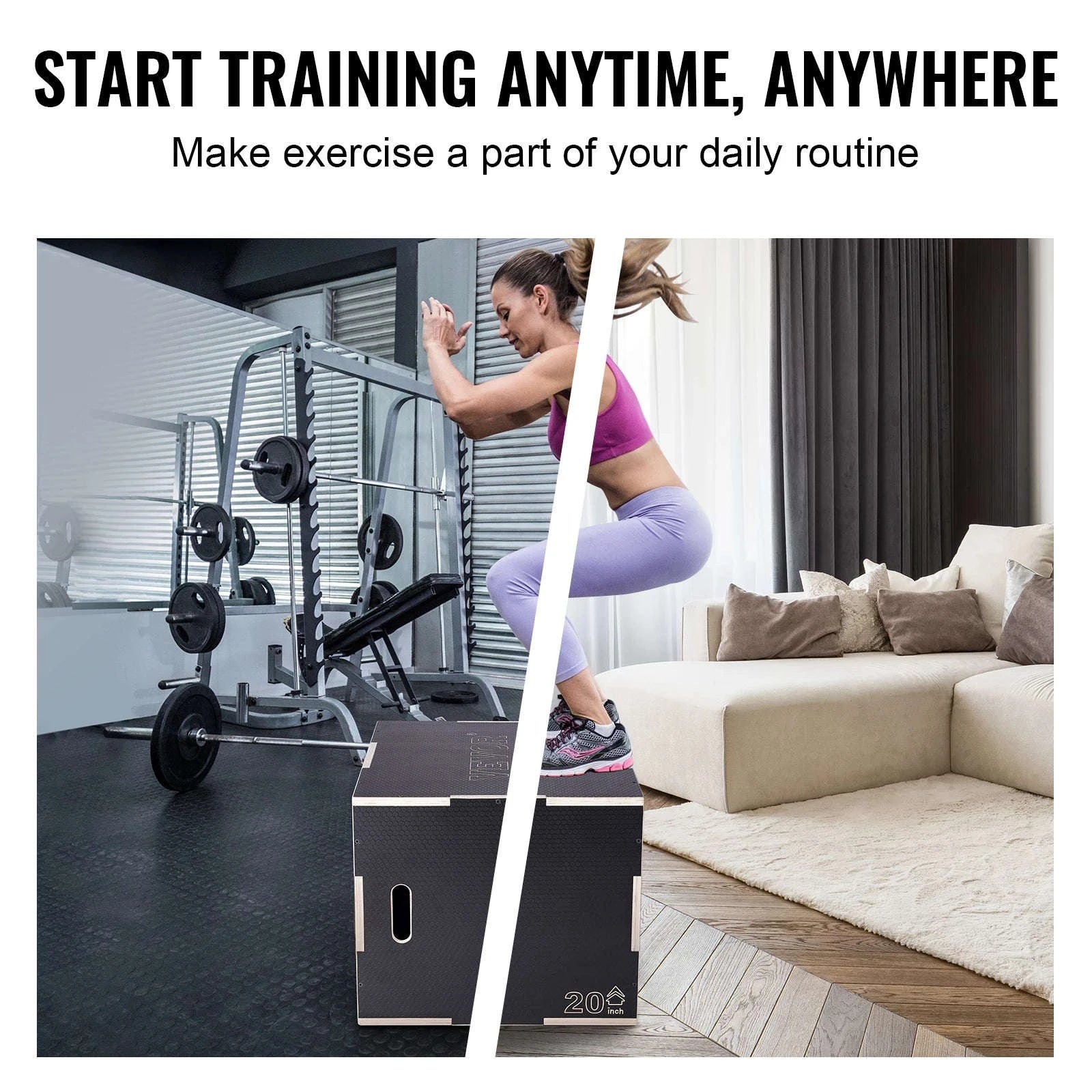 3-in-1 Wooden Plyometric Jump Box - Black-20x18x16inches / United States