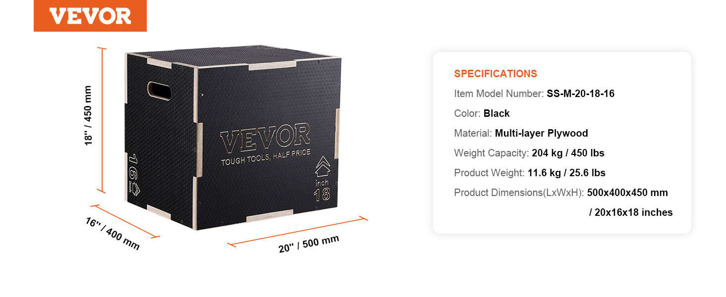 3-in-1 Wooden Plyometric Jump Box - Black-20x18x16inches / United States