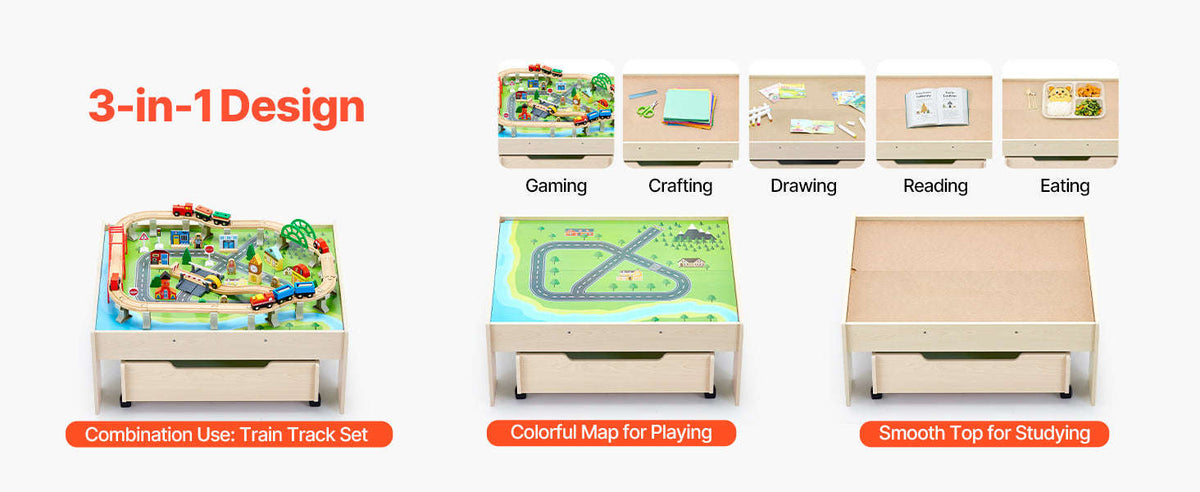 3-in-1 Wooden Train Table Toy Set 100-Piece Kids Activity Table with Rolling Drawer-100pcs / United Kingdom