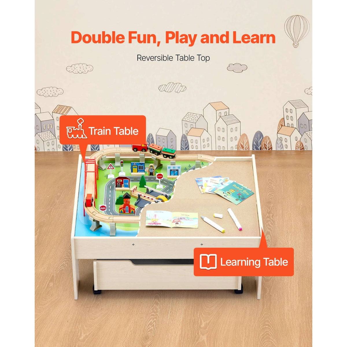3-in-1 Wooden Train Table Toy Set 100-Piece Kids Activity Table with Rolling Drawer-100pcs / United Kingdom