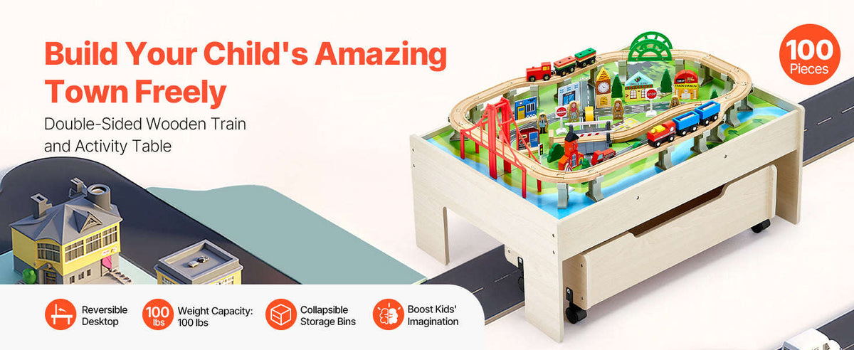 3-in-1 Wooden Train Table Toy Set 100-Piece Kids Activity Table with Rolling Drawer-100pcs / United Kingdom