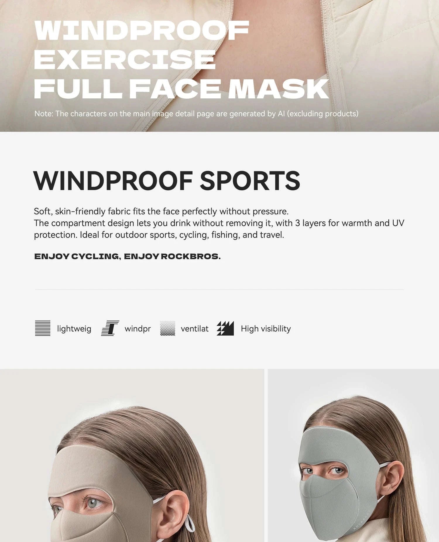 3-Layer Windproof Cycling Face Mask with UV Protection-Grey