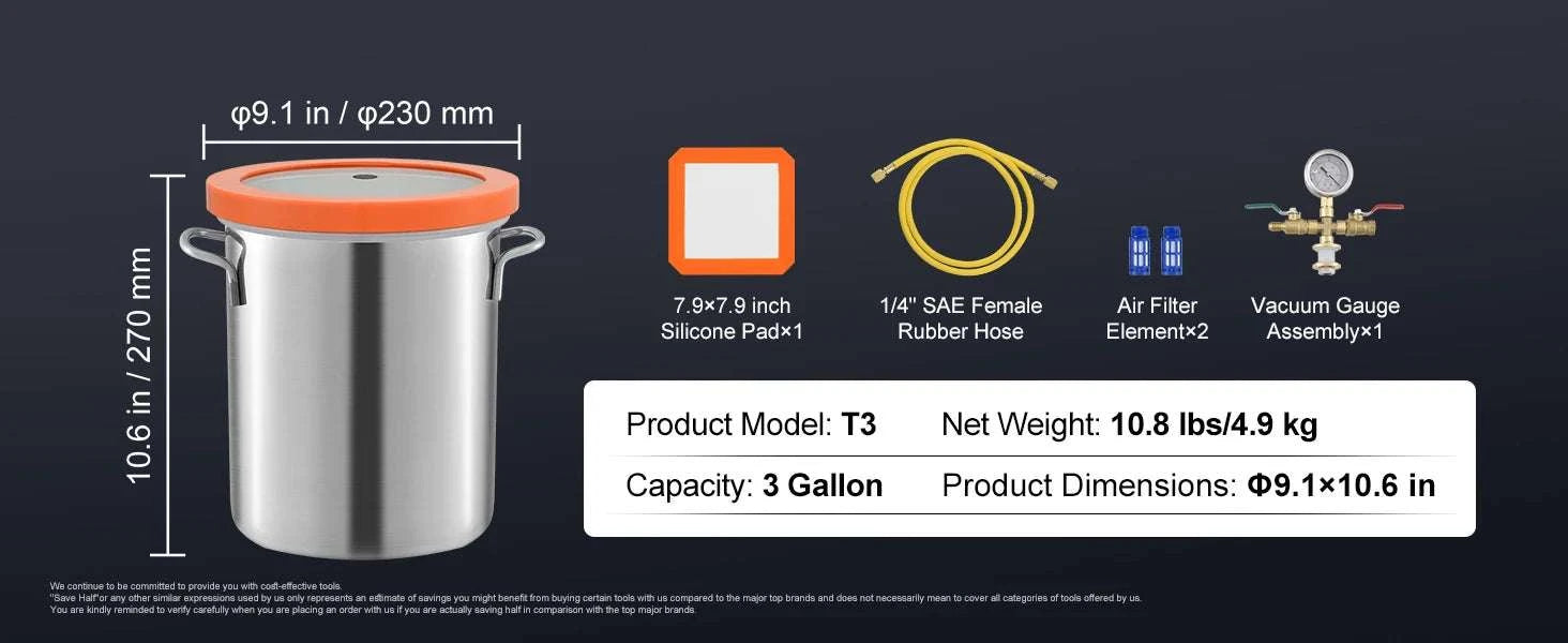 3 or 5 Gallon Vacuum Chamber for Resin, Wood & Silicone Degassing-3 Gallon / United States