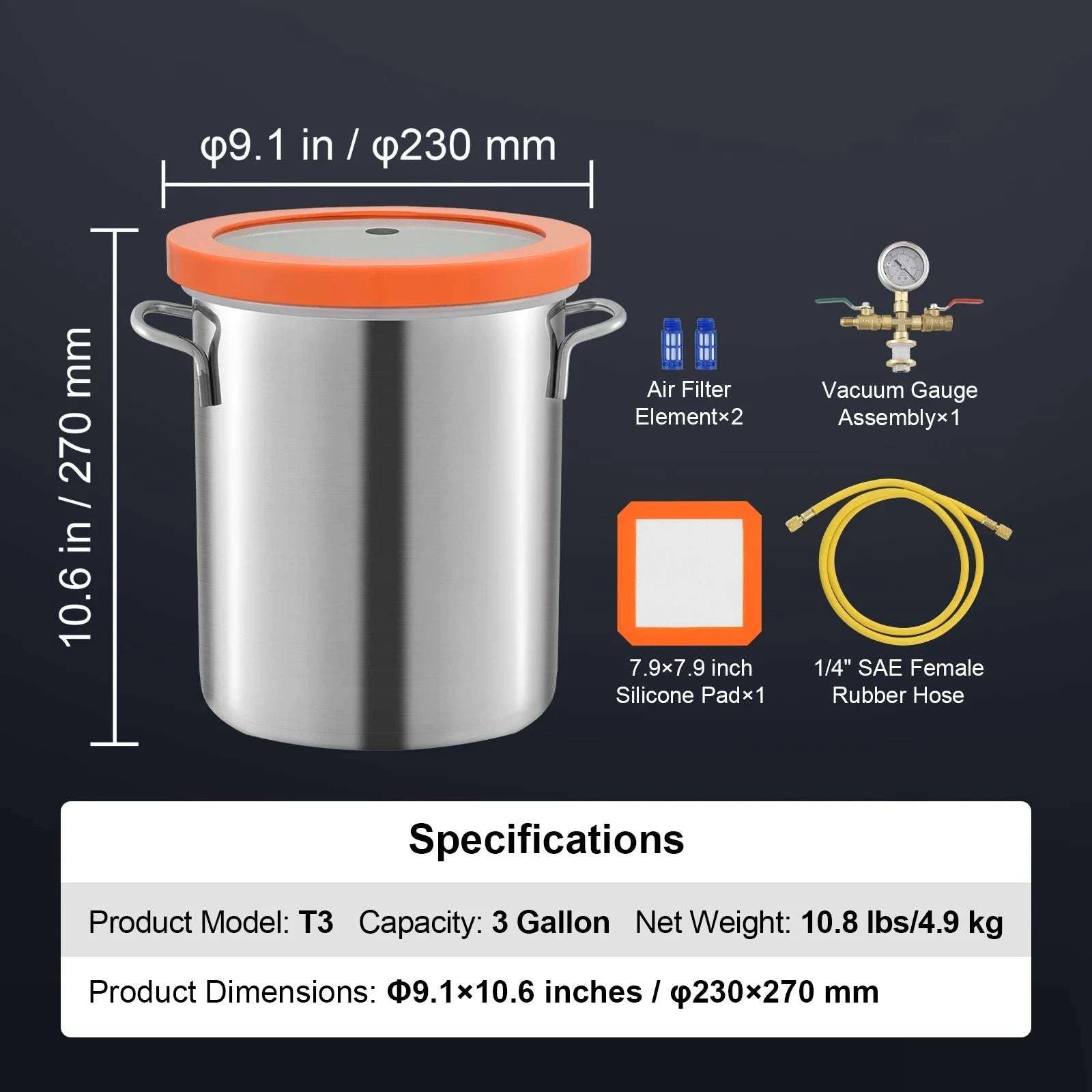 3 or 5 Gallon Vacuum Chamber for Resin, Wood & Silicone Degassing-3 Gallon / United States
