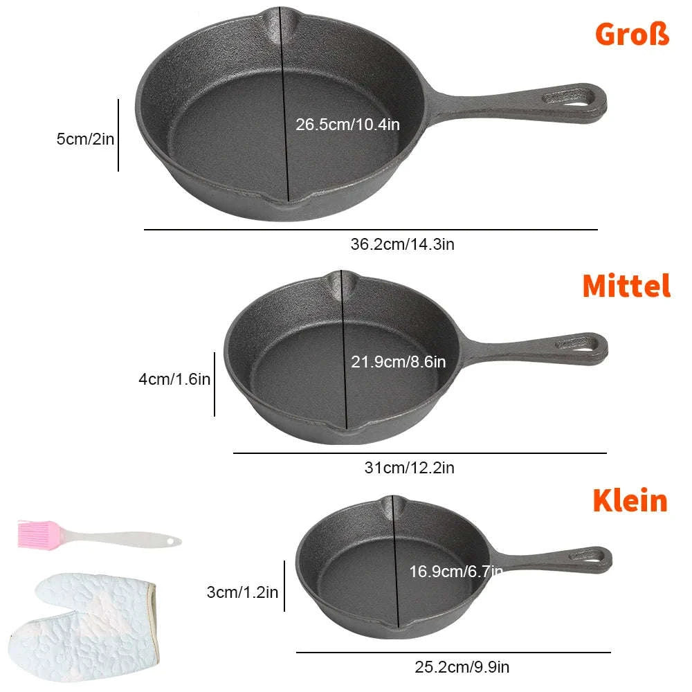 3‑Piece Cast Iron Frying Pan Set for Everyday Cooking-1 set / GERMANY