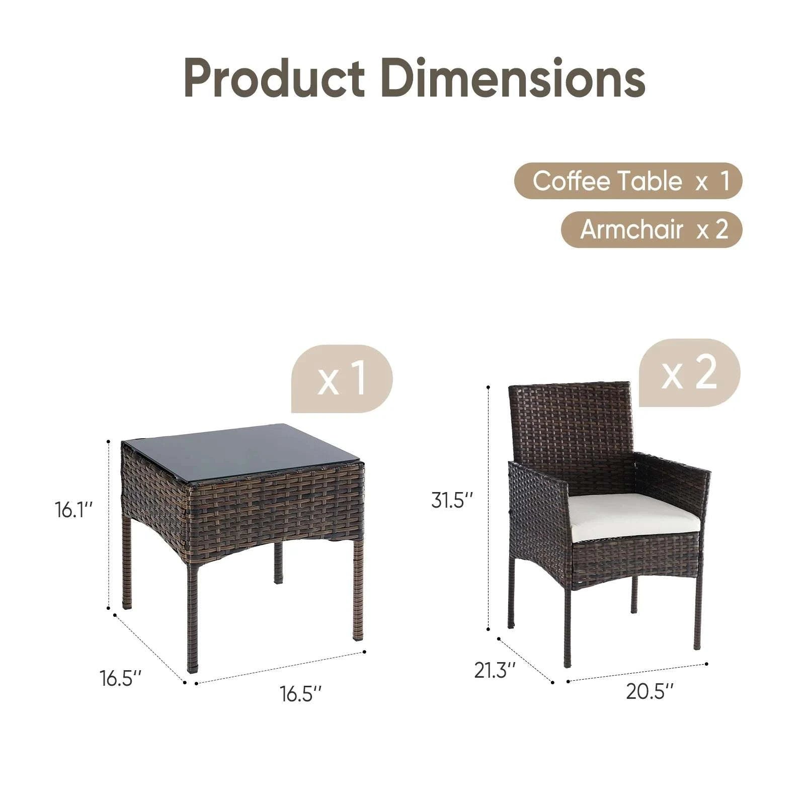 3-Piece Outdoor Rattan Patio Set with Cushions & Glass Table-Brown / United States