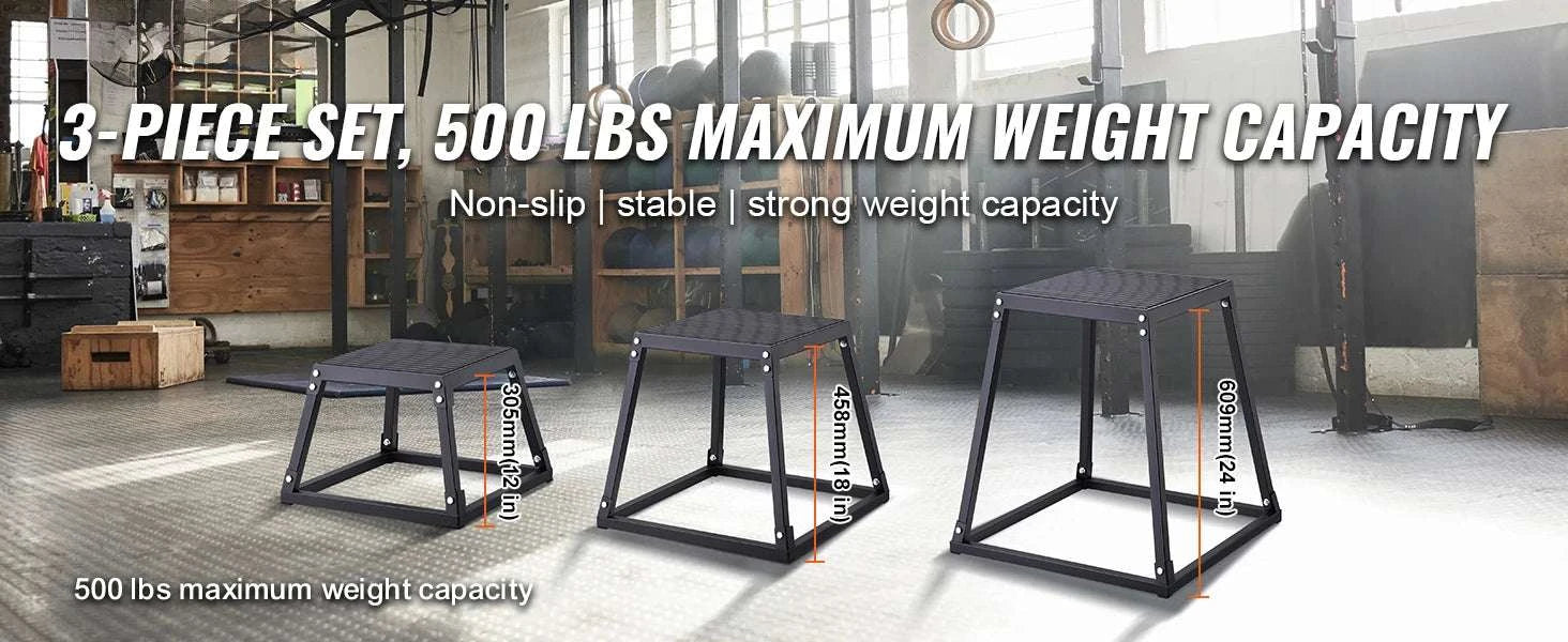 3-Piece Plyometric Jump Box Set 12/18/24 Inch Anti-Slip Steel Platform-3pcs black / United States