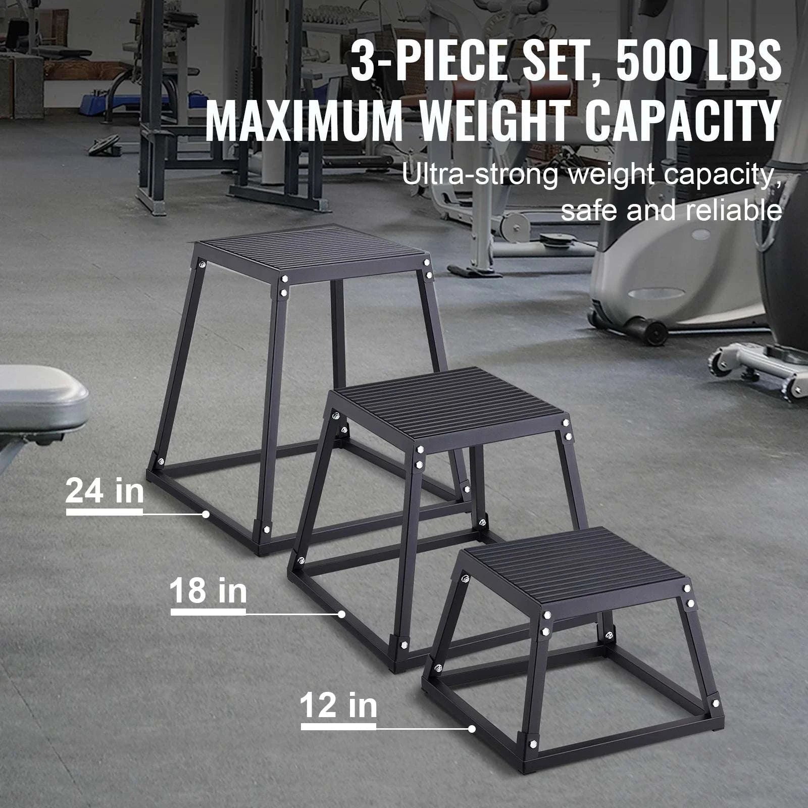 3-Piece Plyometric Jump Box Set 12/18/24 Inch Anti-Slip Steel Platform-3pcs black / United States