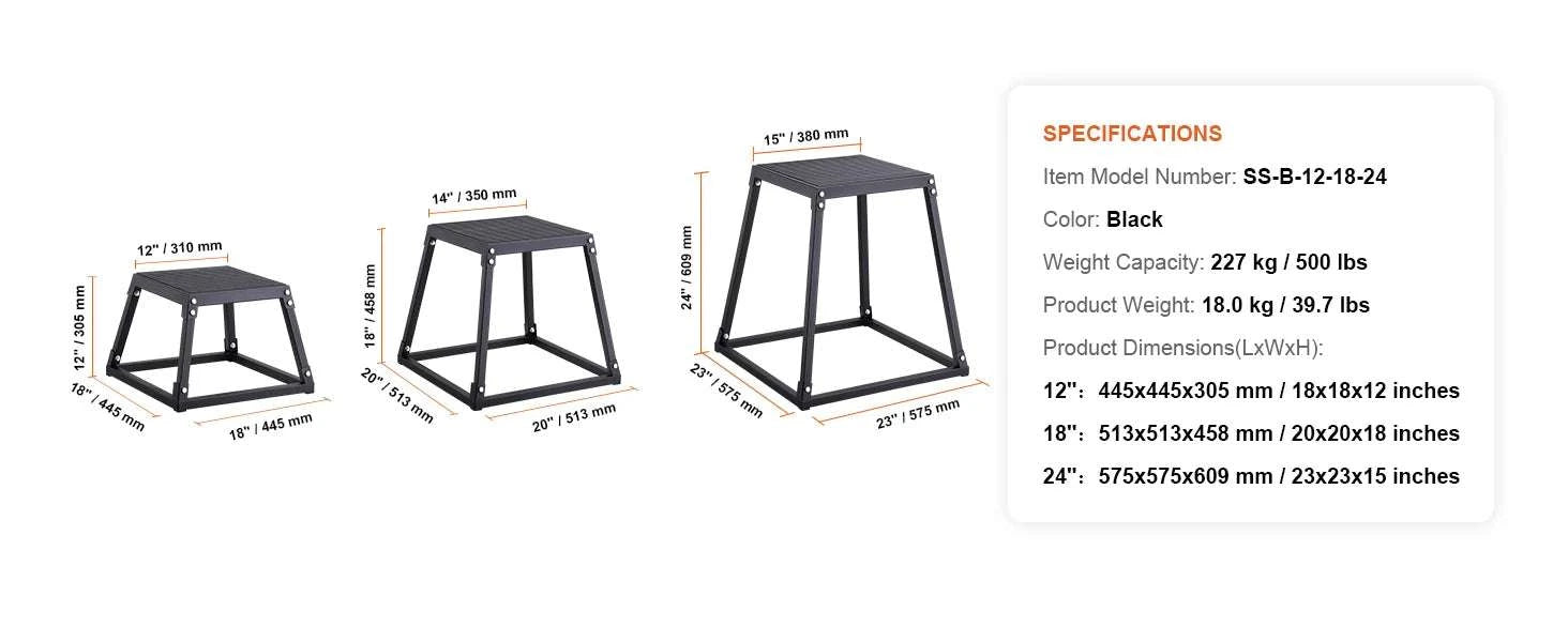 3-Piece Plyometric Jump Box Set 12/18/24 Inch Anti-Slip Steel Platform-3pcs black / United States