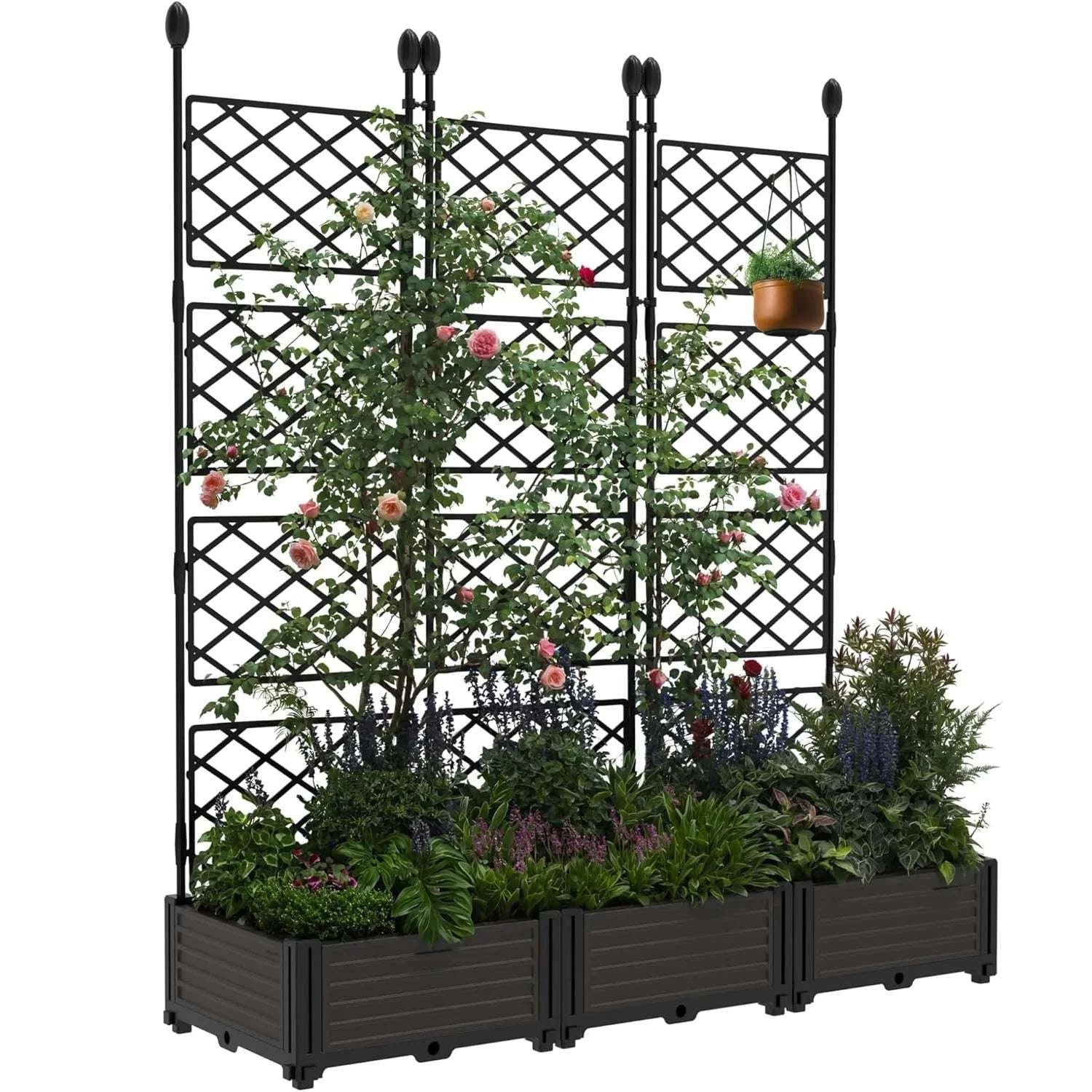 3-Piece Raised Planter Box with Trellis for Climbing Plants-United States