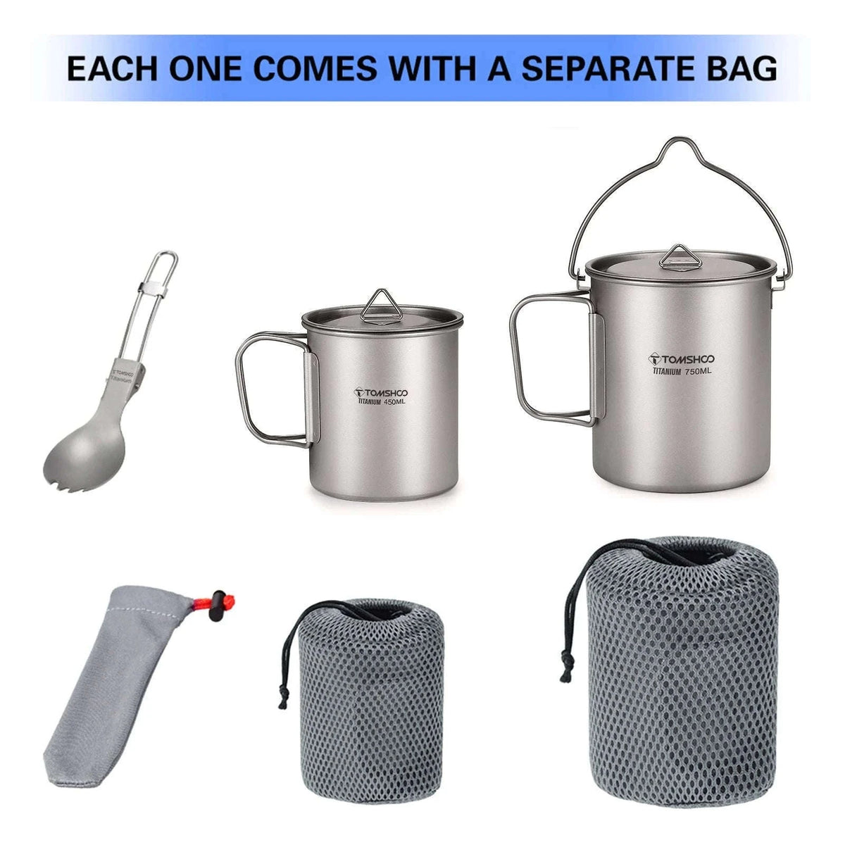 3-Piece Titanium Cookware Set with 750ml Pot, 450ml Cup, Folding Spork-750ml Pot