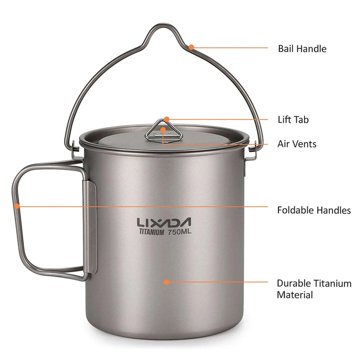 3-Piece Titanium Cookware Set with 750ml Pot, 450ml Cup, Folding Spork-750ml Pot