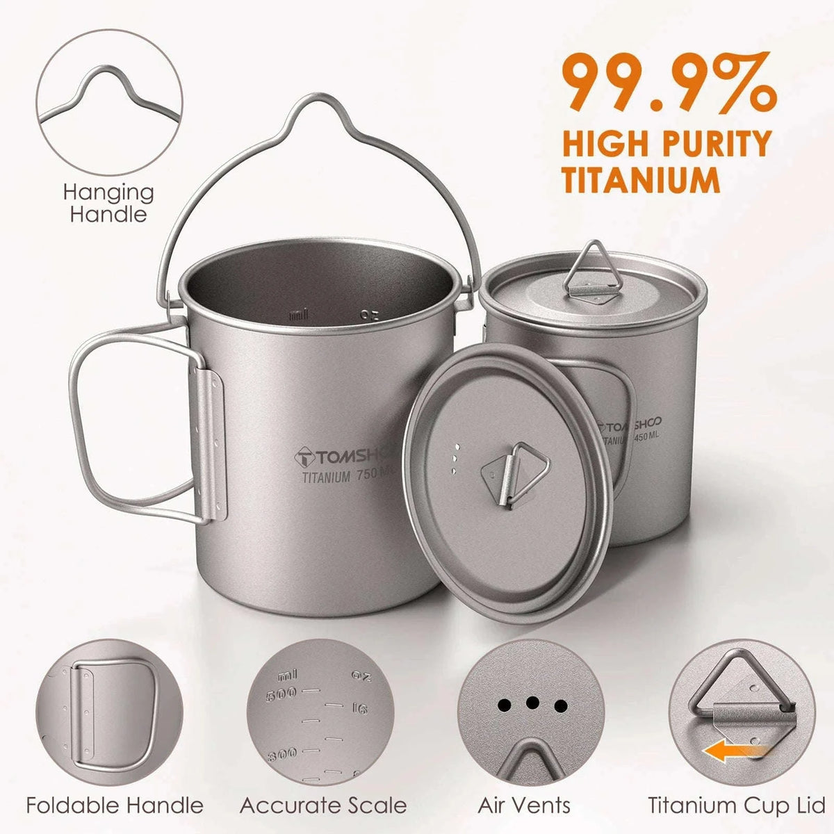 3-Piece Titanium Cookware Set with 750ml Pot, 450ml Cup, Folding Spork-750ml Pot
