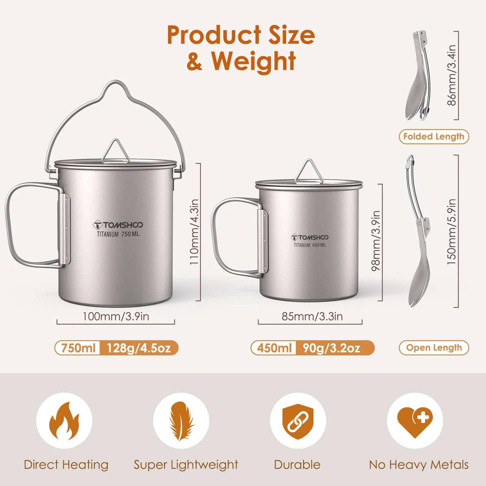 3-Piece Titanium Cookware Set with 750ml Pot, 450ml Cup, Folding Spork-750ml Pot