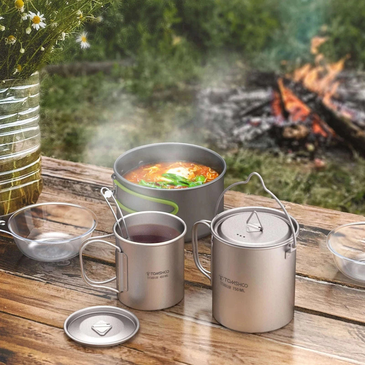 3-Piece Titanium Cookware Set with 750ml Pot, 450ml Cup, Folding Spork-750ml Pot